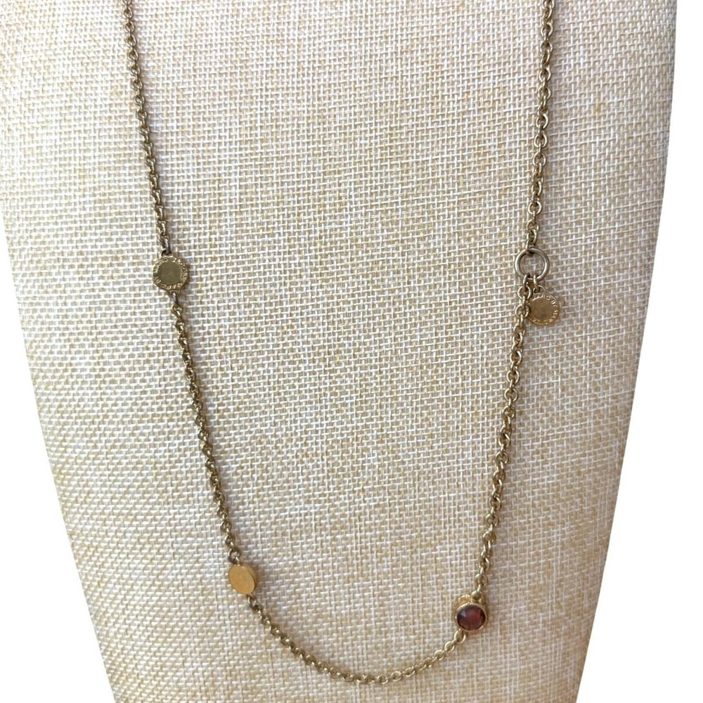 Marc by Marc Jacobs Gold Purple Stone Station Necklace Long Logo Disc Bead 2000s
